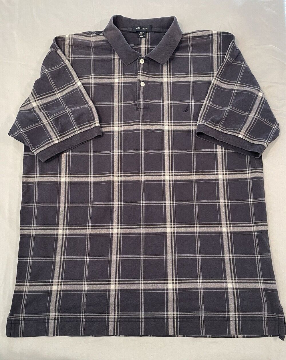 Nautica Polo Shirt Size XXL Blue Plaid Short Sleeve